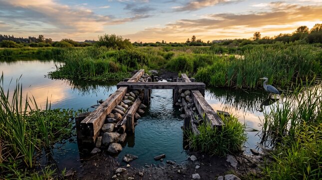 Restored Wetland Weir Regulating Shallow Water Flow for Habitat Recovery and Hydrological Management