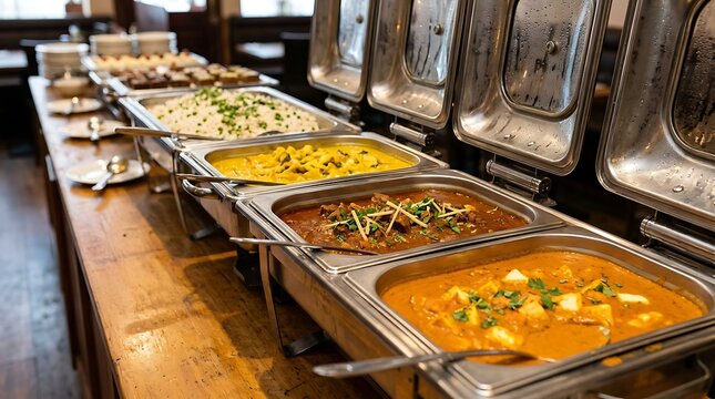 Extensive buffet line with a variety of hot dishes and chafing dishes displayed