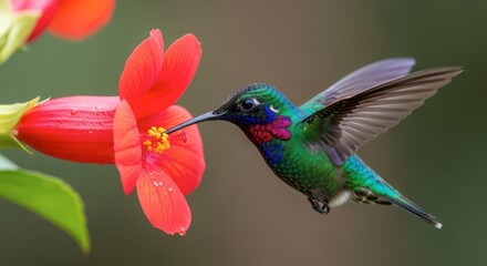 Fototapeta premium Vibrant hummingbird hovering gracefully near a vivid red flower in a lush garden.
