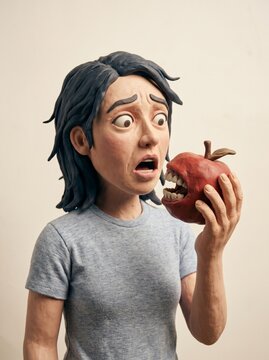 Scared clay figure holding evil biting red apple cartoon plasticine art
