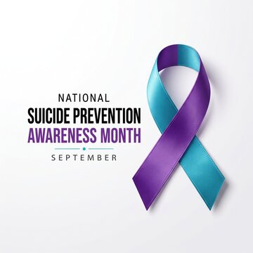 Teal and purple awareness ribbon with national suicide prevention awareness month september text on white background.