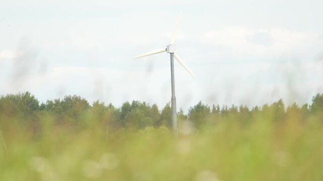 White wind turbine stands tall in open field. Soft green grass frames blurred foreground. Distant trees and cloudy sky complete natural backdrop. Ideal for clean energy or environmental projects
