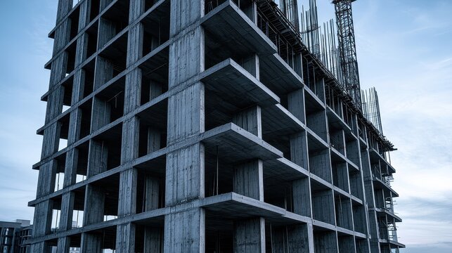 Unfinished concrete skyscraper structure under construction with exposed beams. Great for real estate development and.