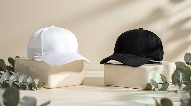 Two baseball caps, one white and one black, displayed on pedestals with greenery.