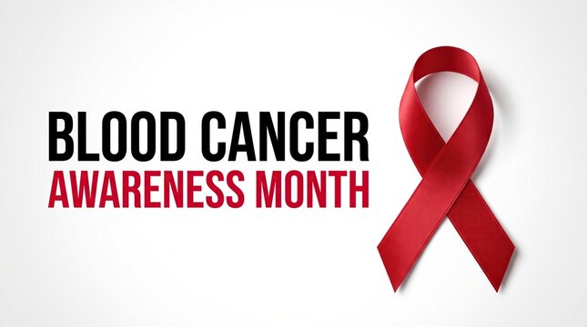 Red ribbon symbol next to blood cancer awareness month text on white background, healthcare concept, medical support.