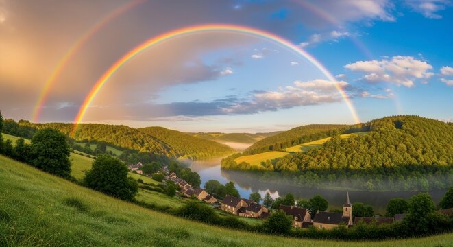 A breathtaking panoramic view of a vibrant double rainbow arching over a serene village nestled.