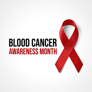 Red ribbon with text blood cancer awareness month on white background, health campaign poster, medical concept.