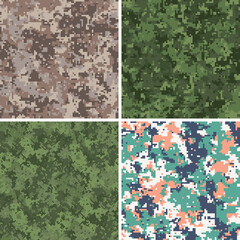 Naklejka premium Four seamless camouflage swatches feature smoke, olive, moss, cobalt palettes plus granular organic marks, marine pack suits apparel, wallpapers, packaging, branding, textiles, covers, graphics asset.