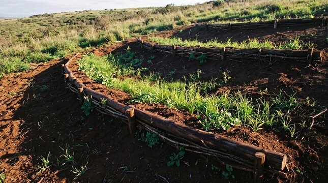 Natural Timber Erosion Barriers Restoring Degraded Hillside with Vegetation and Soil Stabilization