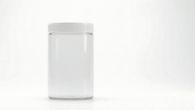 Empty clear plastic jar with white lid on clean surface