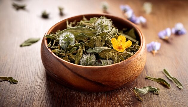 wooden bowl filled with dried tribulus terrestris leaves and flowers illustrating herbal healing practices
