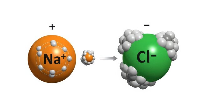 Illustration of sodium and chloride ions forming a bond, depicted with electron clouds.