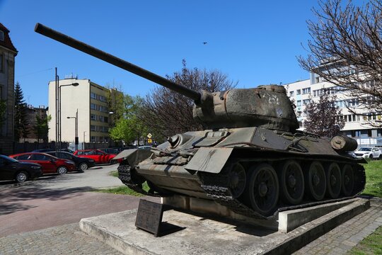 GLIWICE, POLAND - MAY 11, 2021: Historic T-34 Soviet tank monument in Gliwice city in Poland, one of largest cities of Upper Silesian metropolitan area.
