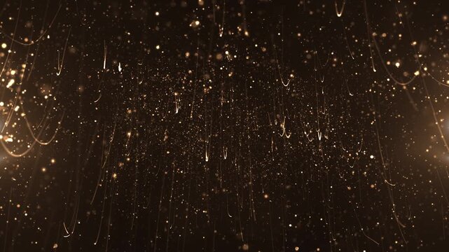 Luxury background with shiny glittering golden particles and streamers. This golden glitter background is ideal for luxury branding, events and special occasions. Full HD and looping animation.