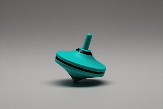 Teal spinning top toy with black stripes in motion. Object spins on plain grey surface. Simple playful design evokes childhood fun and focus. Classic game fun.