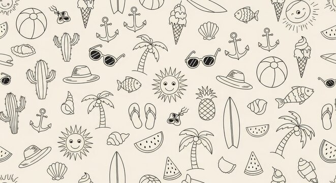 Seamless pattern with handdrawn summer vacation doodles