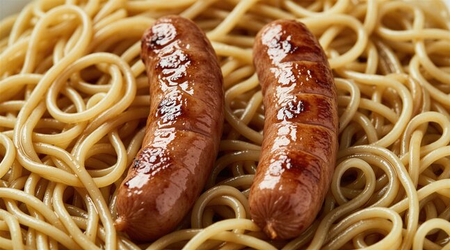 Two grilled sausages rest on bed of cooked noodles. Hot meat dish served on white plate for lunch dinner. Top view close up shot of tasty food meal. Delicious pork recipe ready for eating in cafe