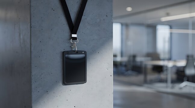 Security access card hanging on a wall in a modern office environment.