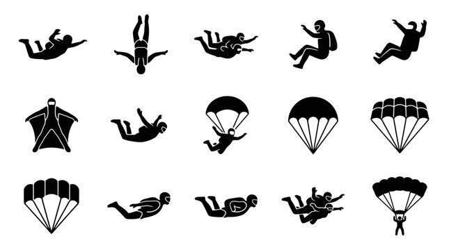 Skydiving and Parachuting Extreme Sport Icon Set Vector Illustration, Freefall Skydiver Silhouettes, Wingsuit Flying, Tandem Jump, and Parachute Canopy Elements