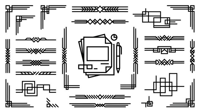 Art Deco Geometric Frame Corners, Line Borders, Dividers, and Document Pen Line Art Icons Set Vector Illustration for Certificate, Menu, Invitation, and Vintage Page Layout Design