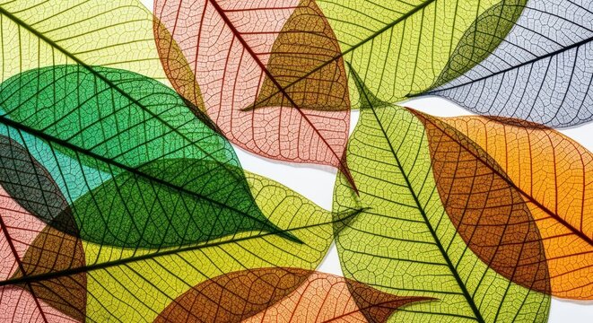 Translucent, colorful leaf skeletons overlap; veins and textures detailled