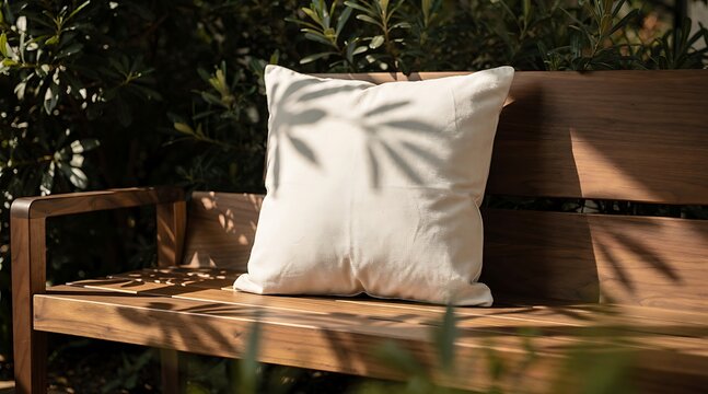 Comfortable White Pillow Resting on a Wooden Garden Bench with Leaf Shadows.