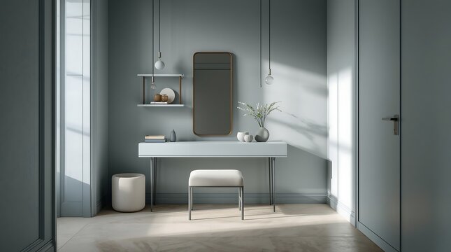 Modern minimalist bathroom vanity with stool and air purifier.