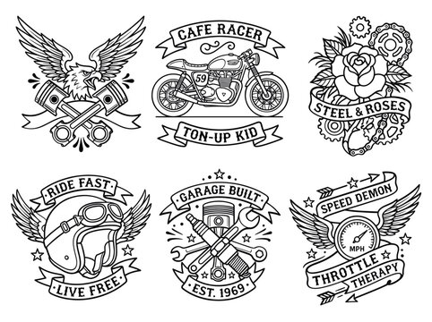 Set of vintage motorcycle themed badges and emblems with classic design elements.