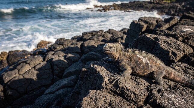 Marine iguana basking on volcanic rocks by the ocean shore under bright sunlight