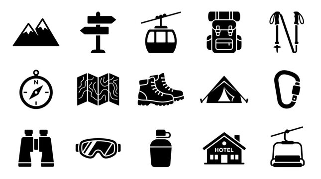 Set of sixteen black outline icons representing hiking and outdoor adventure equipment and symbols on transparent background