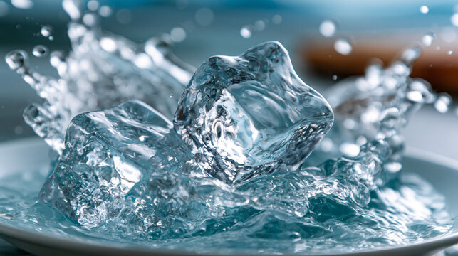 Macro shot of ice cubes splashing into refreshing clear liquid in a glass