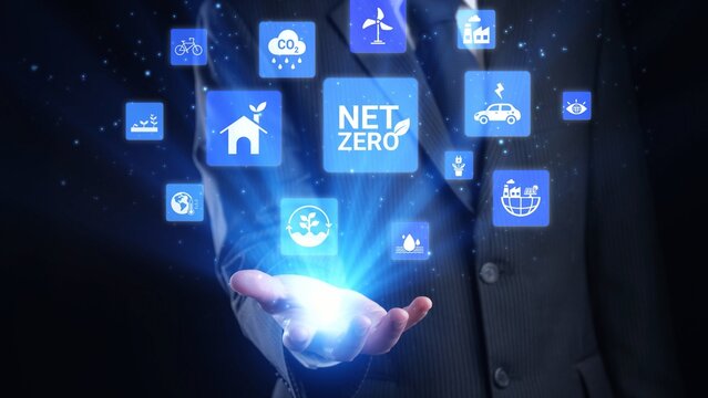 Net zero and sustainability concepts with environmental balance, digital sustainability icons, green energy goals, and eco-conscious digital business transformation for the future. Gist