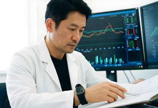Asian male scientist in lab coat analyzing Data on multiple computer screens and reviewing documents, Data analysis and scientific research are critical for innovation