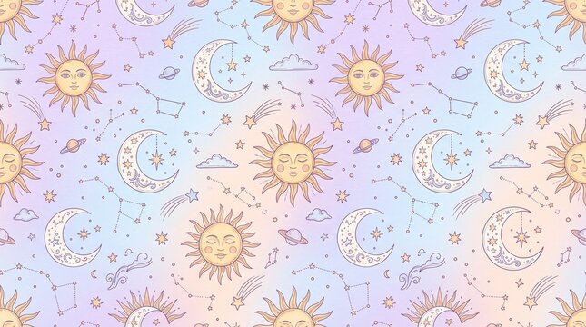 Pastel Celestial Pattern with Suns, Moons, Stars and Constellations