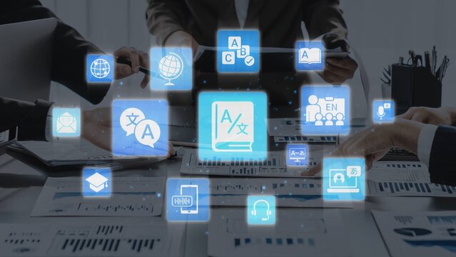Translation icons show international languages, interpretation, and communication. Translation helps global business, translation supports learning, and translation improves cultural exchange. Funnel