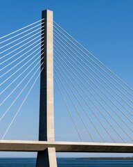 Fototapeta premium Minimalist bridge pylon with diagonal cable lines against clear blue sky for architectural design and poster background