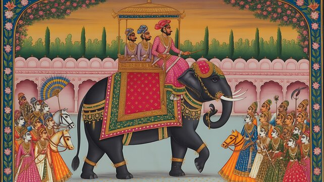 Indian mughal miniature painting depicting a maharaja procession with elephants and attendants