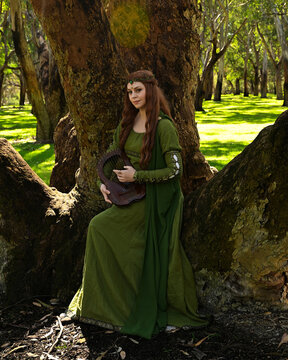 full length portrait of beautiful female model, sitting figure playing musical harp instrument, wearing green medieval historical gown costume with cloak. Magical forest background with trees.