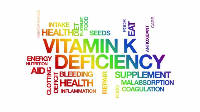 Vitamin K deficiency concept Animated Tag Word Cloud kinetic typography, Text Design Animation typography seamless loop video motion graphics Intro Wordart arrangement rainbow type on white background
