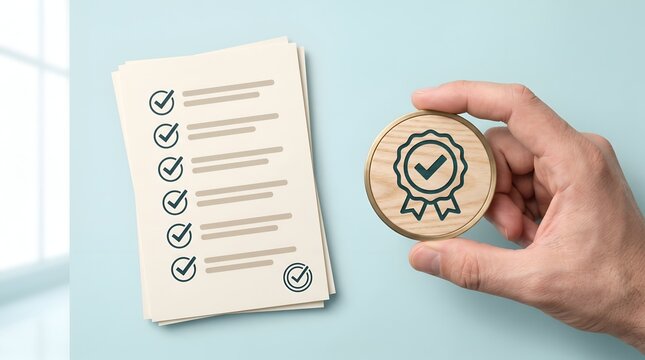 Hand holding quality assurance badge next to checklist