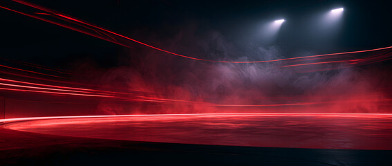 Fototapeta premium This is a red ice rink background with red neon lights and spotlights, with smoke. It can be used for hockey competitions and winter posters. Ice skating and stock created from a red background. Stadi