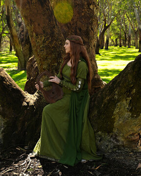 full length portrait of beautiful female model, sitting figure playing musical harp instrument, wearing green medieval historical gown costume with cloak. Magical forest background with trees.