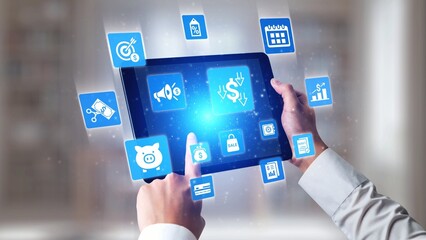 Obraz premium Modern budgeting and financial management icons showing finance, savings, tax, and planning. Budget supports business strategy, budget helps growth, and budgeting ensures financial control. Gist