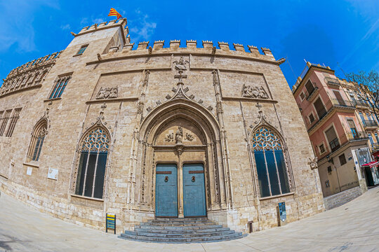 VALENCIA, SPAIN - MARCH 28, 2022: Lonja de la Seda or Llotja de la Seda (Silk Exchange) a late Valencian Gothic-style civil building. Built 1482-1533, architect Pere Compte, UNESCO World Heritage Site