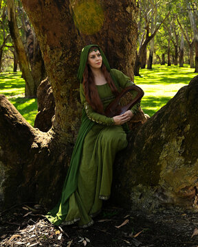 full length portrait of beautiful female model, sitting figure playing musical harp instrument, wearing green medieval historical gown costume with cloak. Magical forest background with trees.