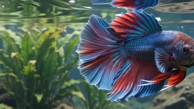 Colorful betta fish swimming in aquarium with green plants with surface clear aquarium triptych blue orange swimming near underwater background