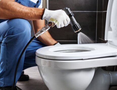 plumber unclogging blocked toilet with hydro jetting at home bathroom