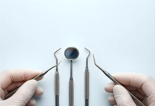 Dentists hands in white gloves holding dental instruments, oral hygiene and health care concept, light blue background