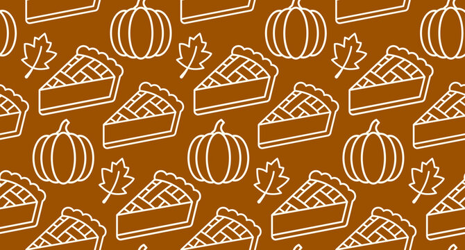 Seamless pattern featuring hand drawn pumpkin pie slices and autumn leaves.
