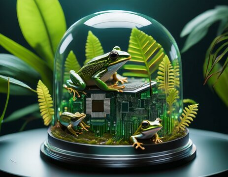 glass terrarium dome containing a miniature jungle ecosystem with frogs resting on a metallic computer microchip